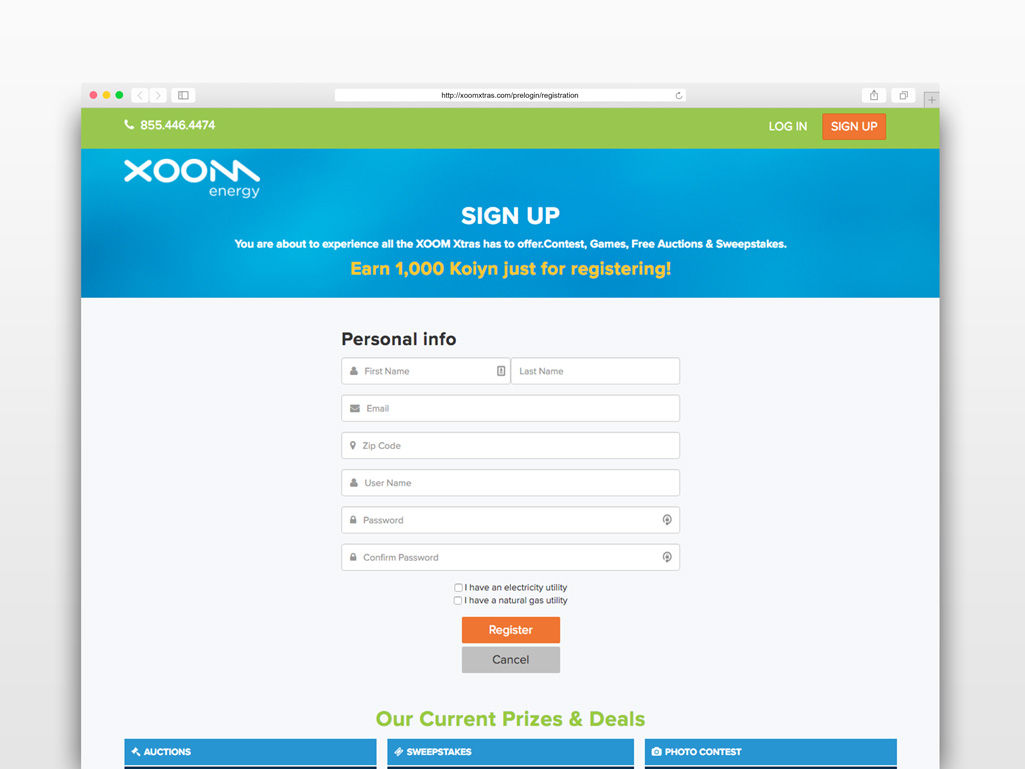 XOOM Xtras registration page